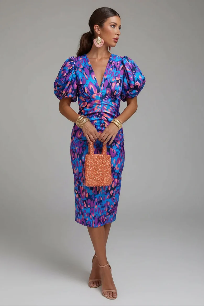 Elegant women's colorful floral midi dress with stylish pleated sleeves, perfect for summer parties & spring fashion.