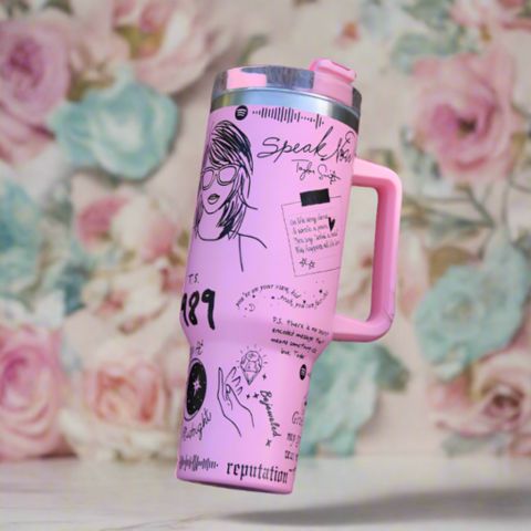 "Limited edition stainless steel tumbler with custom design, handwritten lyrics, vibrant colors, and ergonomic handle."