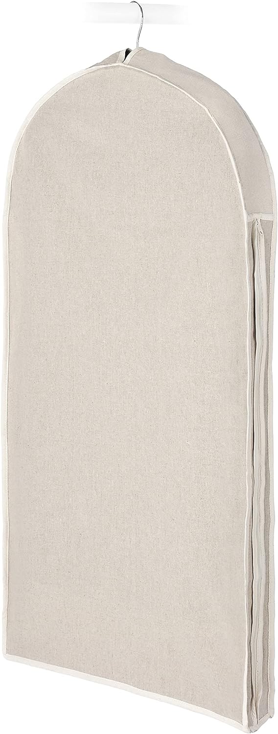 Linen dust-proof garment bag with zipper, protecting suits & clothing from dust. Ideal wardrobe organizer.