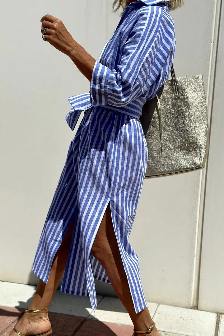 Striped button-down shirt dress for women, a stylish and comfortable midi length casual outfit.