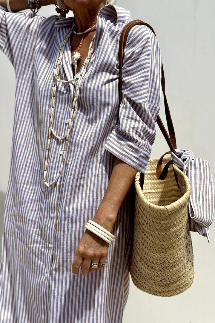 Effortless style: women's striped collared midi shirt dress with practical button-down closure.