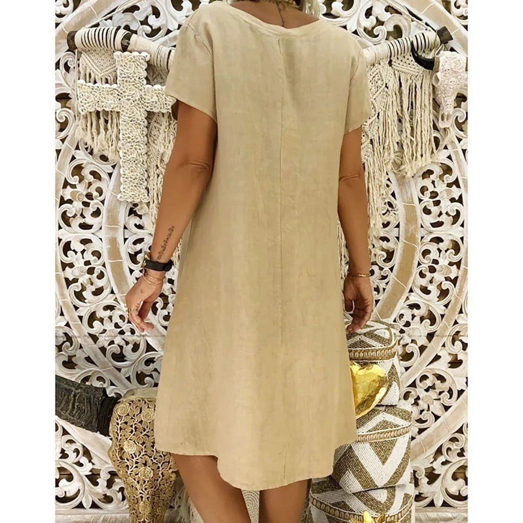 Versatile V-neck mini dress for women, offering a comfortable casual evening style or house wear.