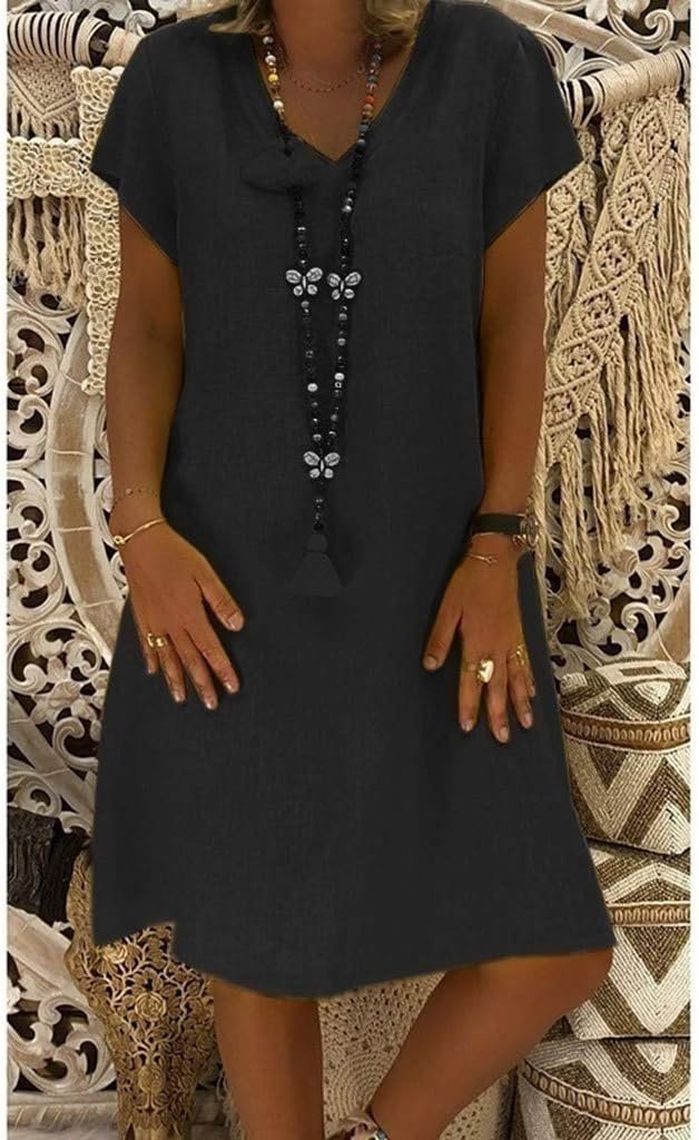 Comfortable women's V-neck mini dress, blending casual and evening styles for warm weather.