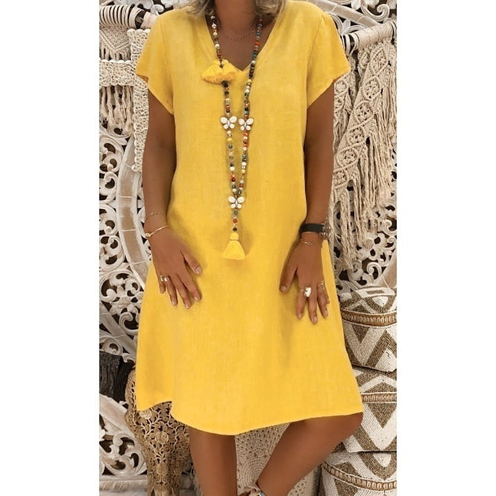Lightweight summer V-neck mini house dress for women's fashion, easy and breathable.