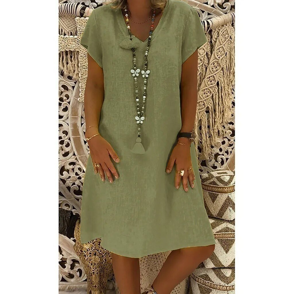 Stylish women's V-neck mini dress, a comfortable and versatile choice for house or casual evening wear.