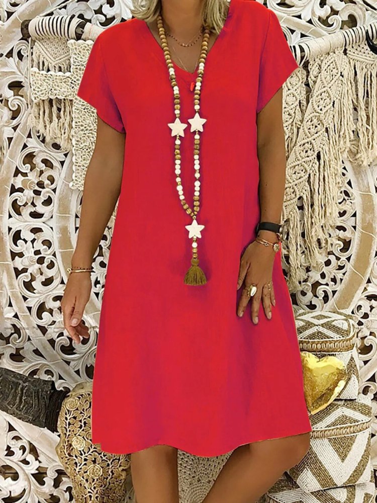 Relaxed V-neck mini house dress, a lightweight and breathable A-line style for women's comfort.