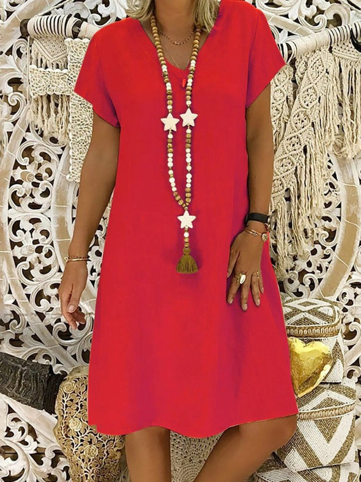 Relaxed V-neck mini house dress, a lightweight and breathable A-line style for women's comfort.