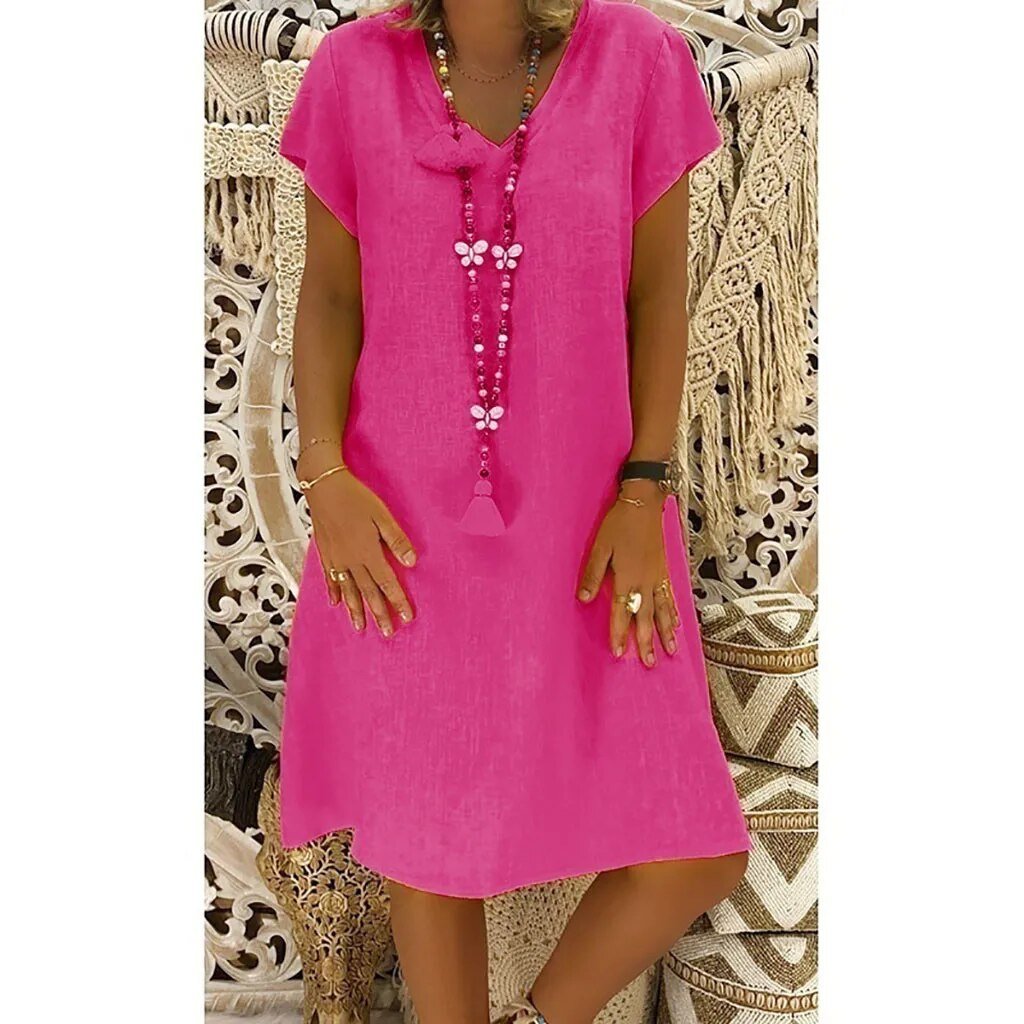 Women's V-neck mini dress, a comfortable, versatile, and breathable piece for casual and evening wear.