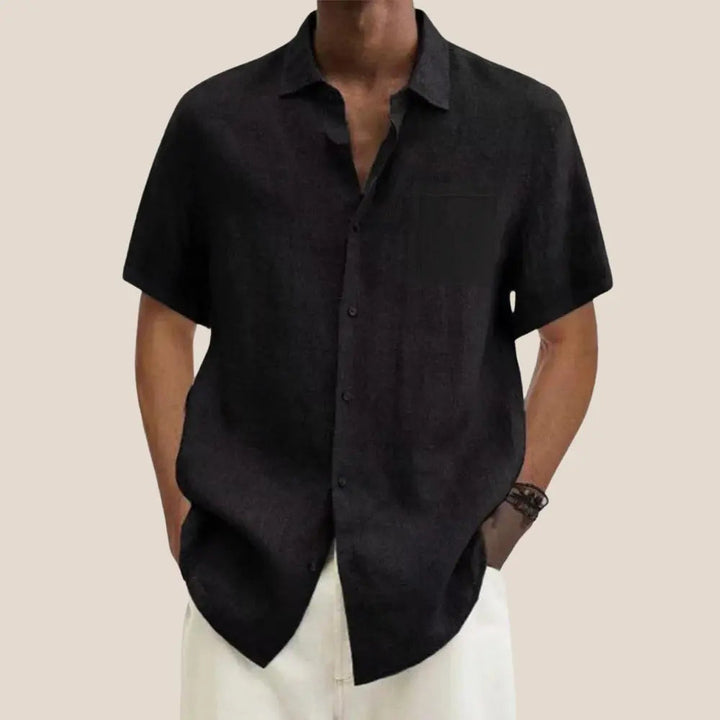 Versatile men's short sleeve linen button-up shirt with classic collar, ideal for spring & summer.
