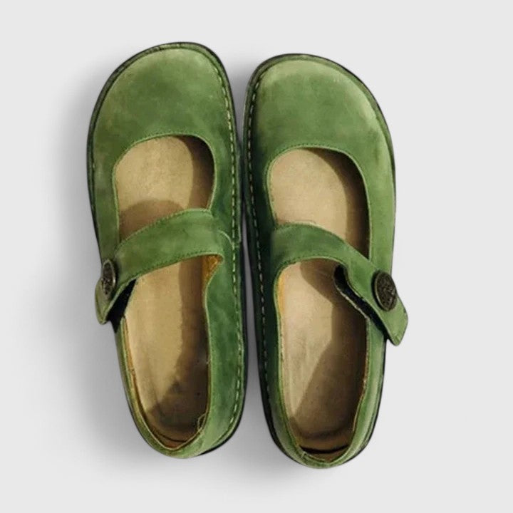 Women's elegant Mary Jane strap shoes with a comfortable rounded toe, classic design, and unique stitch-defined sole.