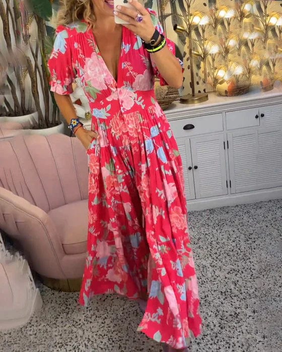 Casual summer V-neck maxi dress for women, ensuring comfort, style, and handy pockets.