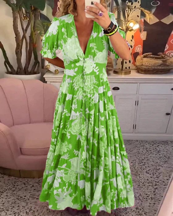 Comfortable V-neck maxi dress for women, a versatile casual or elegant option with practical pockets.