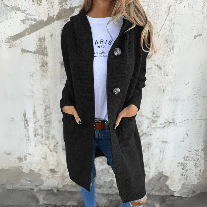Elegant women's long cardigan in a rich charcoal hue, offering a chic and stylish addition to any fashion wardrobe.