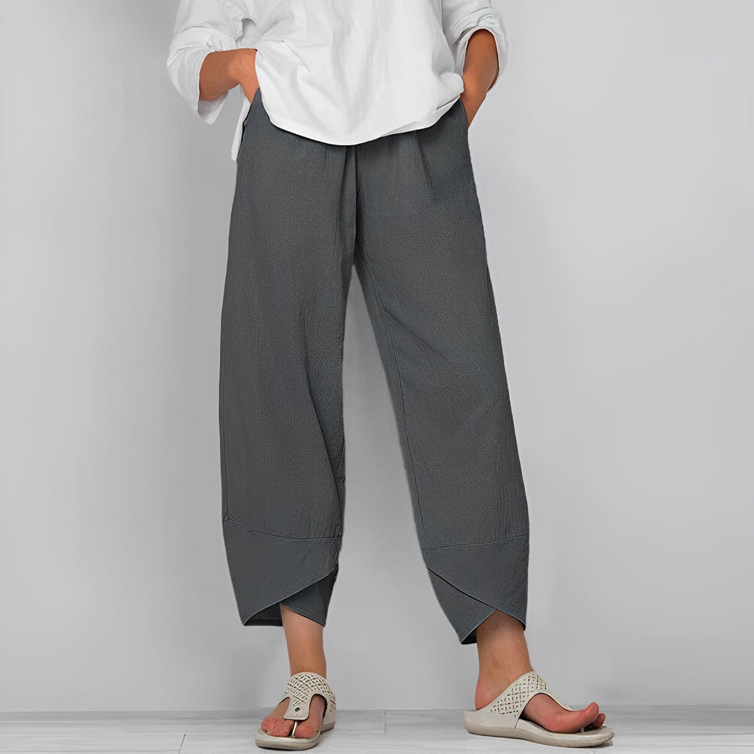 Women's trendy wide-leg asymmetric pants, perfect for stylish everyday wear and modern fashion.