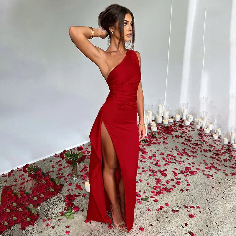 Long one-shoulder elegant women's dress, ideal as a formal gown or a chic special occasion party dress.