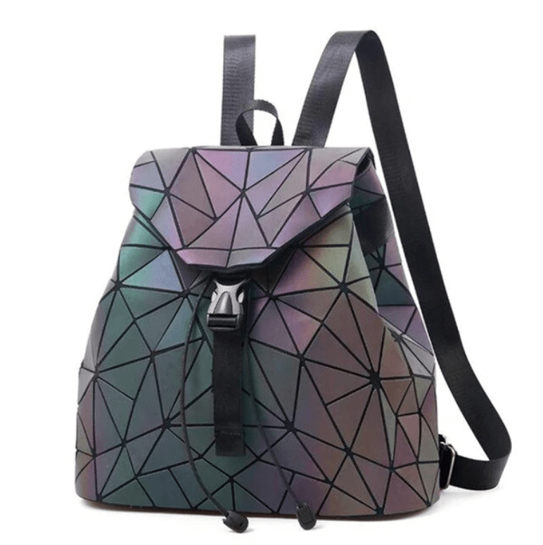 Reflective color-changing women's geometric backpack. Luminous faux leather, stylish & unique fashion accessory.