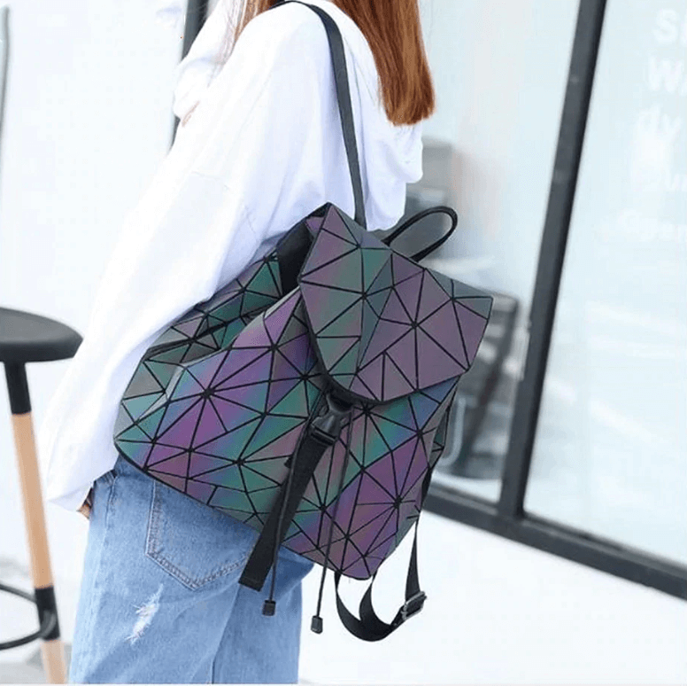 Stylish women's geometric backpack, reflective & color-changing. Luminous faux leather, unique for fashion.