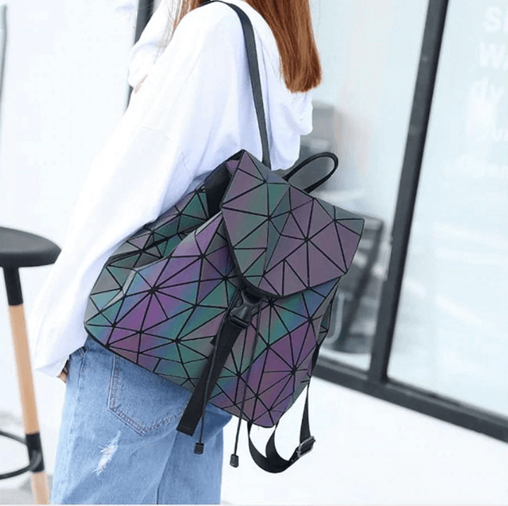 Stylish women's geometric backpack, reflective & color-changing. Luminous faux leather, unique for fashion.