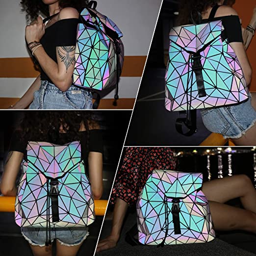 Unique women's reflective geometric backpack. Color-changing luminous faux leather, a modern & stylish fashion bag.