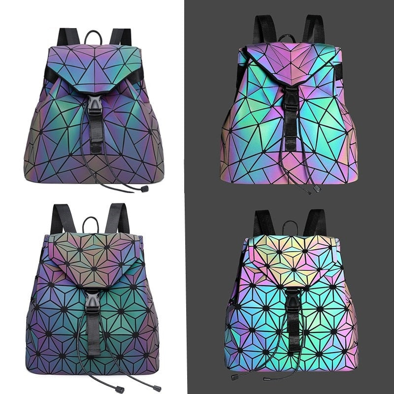 Modern geometric design women's backpack. Reflective, color-changing luminous faux leather, stylish & unique.