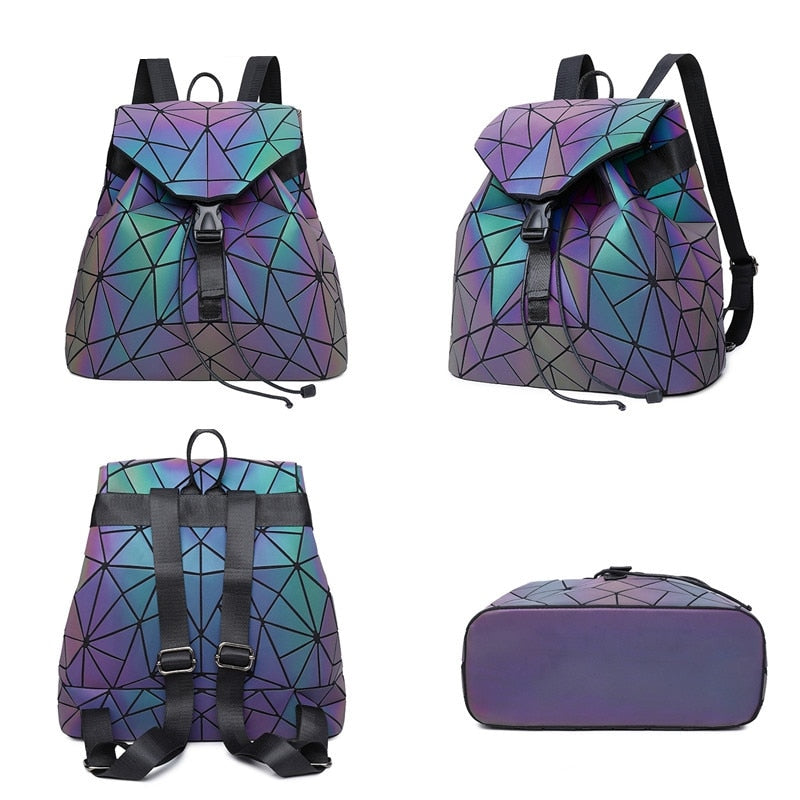 Fashionable women's geometric backpack. Reflective color-changing luminous faux leather. Unique and stylish.