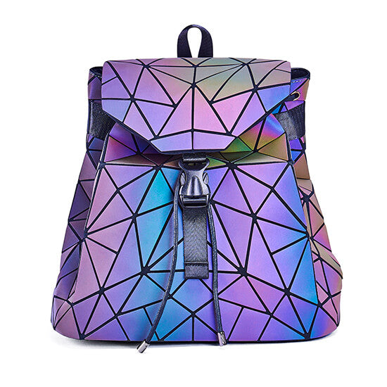 Versatile women's geometric backpack. Reflective, color-changing luminous faux leather, stylish & unique for day.