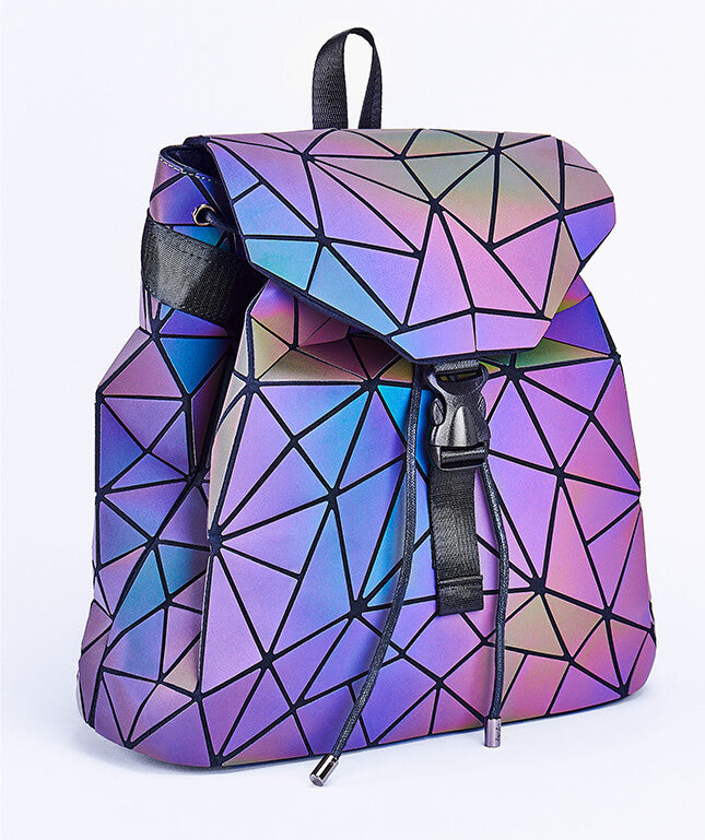 Unique geometric women's backpack. Reflective, color-changing faux leather. Fashionable & stylish bag for women.