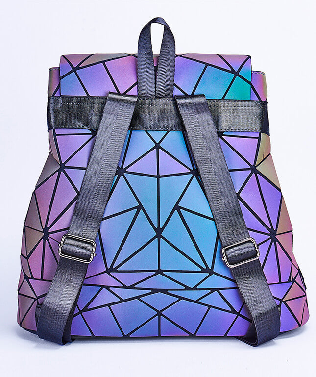 Stylish women's fashion backpack. Reflective geometric design, color-changing luminous faux leather. Unique day bag.