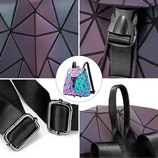 Women's reflective geometric backpack. Luminous color-changing faux leather, a unique & stylish fashion bag.