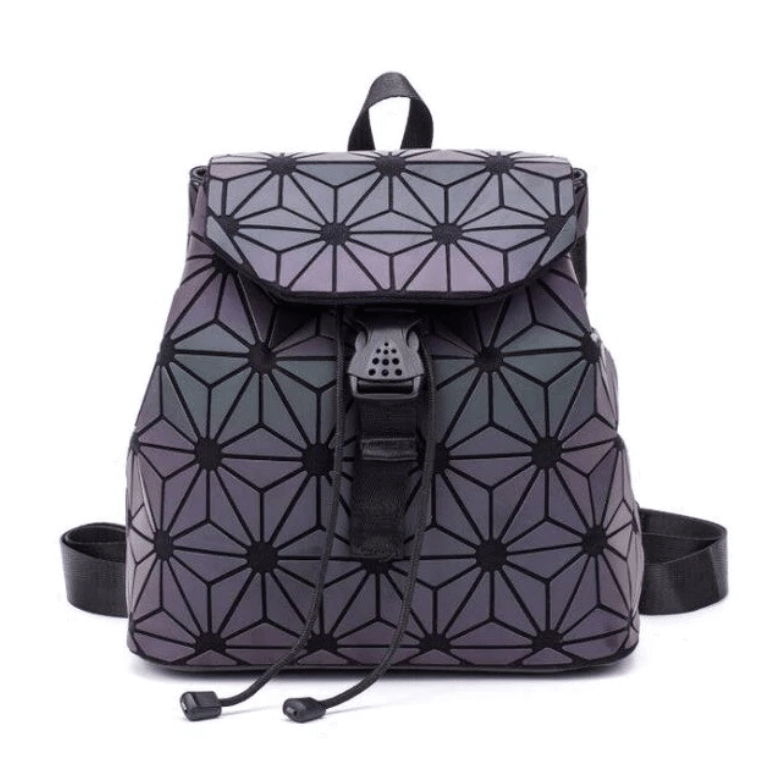 Color-changing geometric backpack for women. Luminous reflective faux leather, a stylish & unique fashion bag.