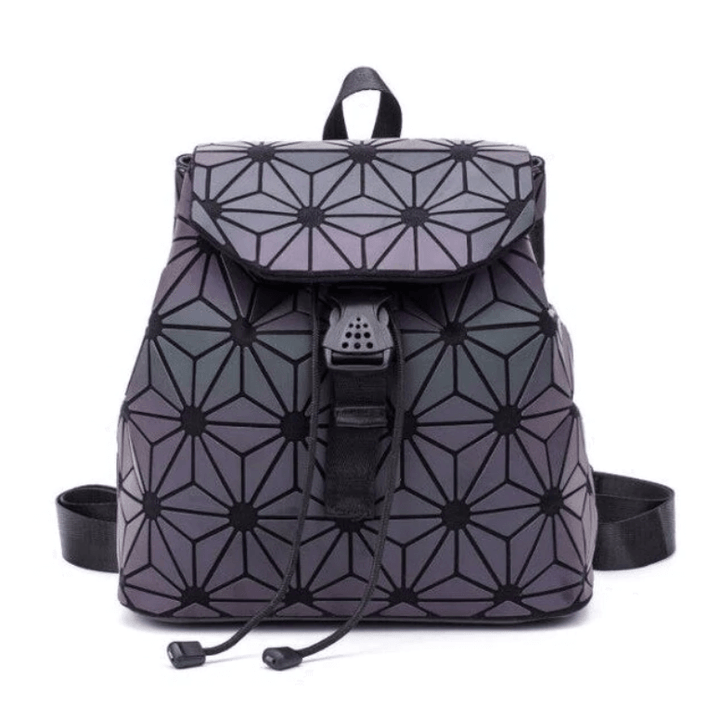 Color-changing geometric backpack for women. Luminous reflective faux leather, a stylish & unique fashion bag.