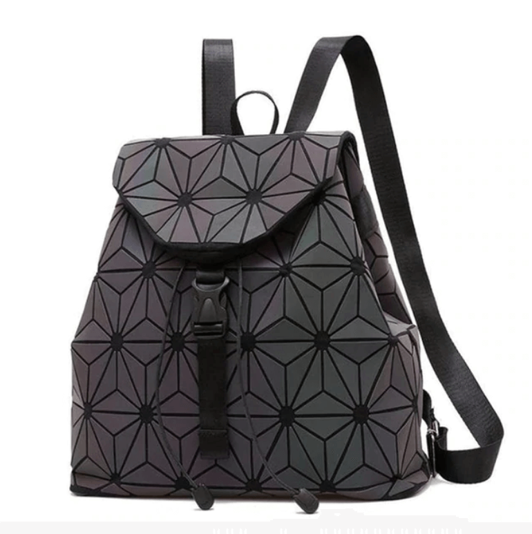 Luminous women's geometric backpack. Reflective, color-changing faux leather. A unique, stylish fashion bag.