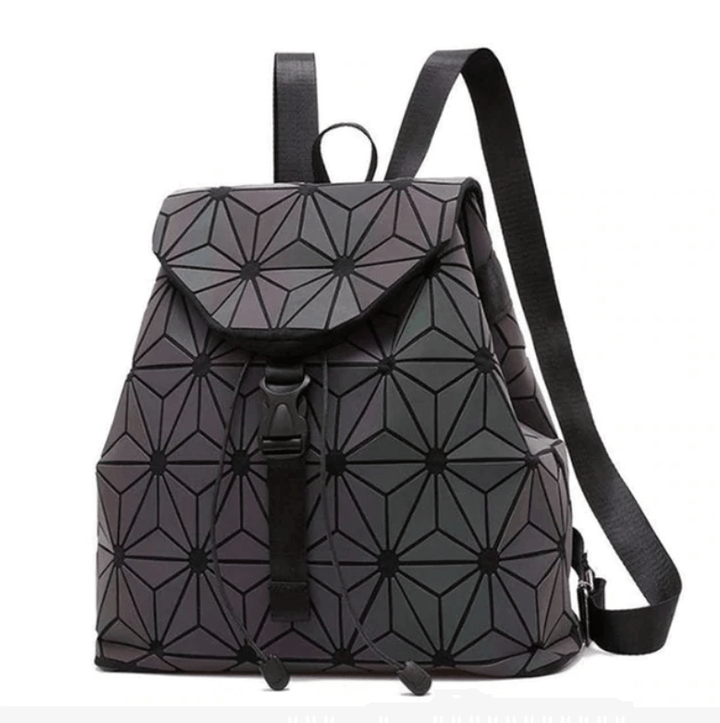 Luminous women's geometric backpack. Reflective, color-changing faux leather. A unique, stylish fashion bag.