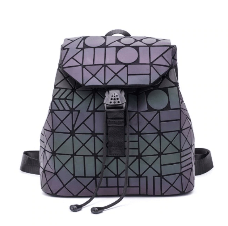 Faux leather reflective women's geometric backpack. Color-changing luminous design, stylish & unique fashion.