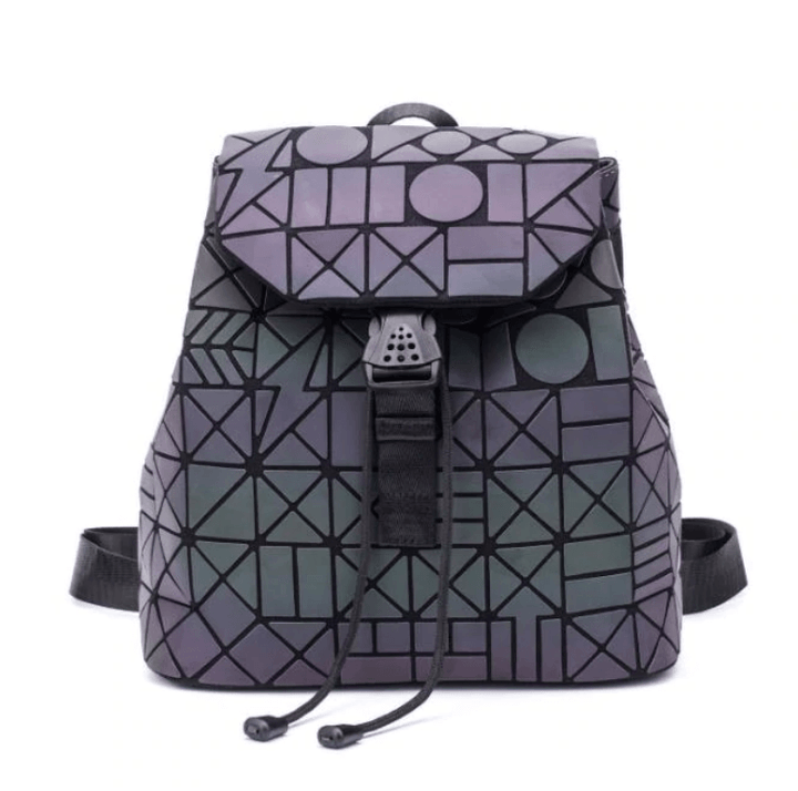 Faux leather reflective women's geometric backpack. Color-changing luminous design, stylish & unique fashion.