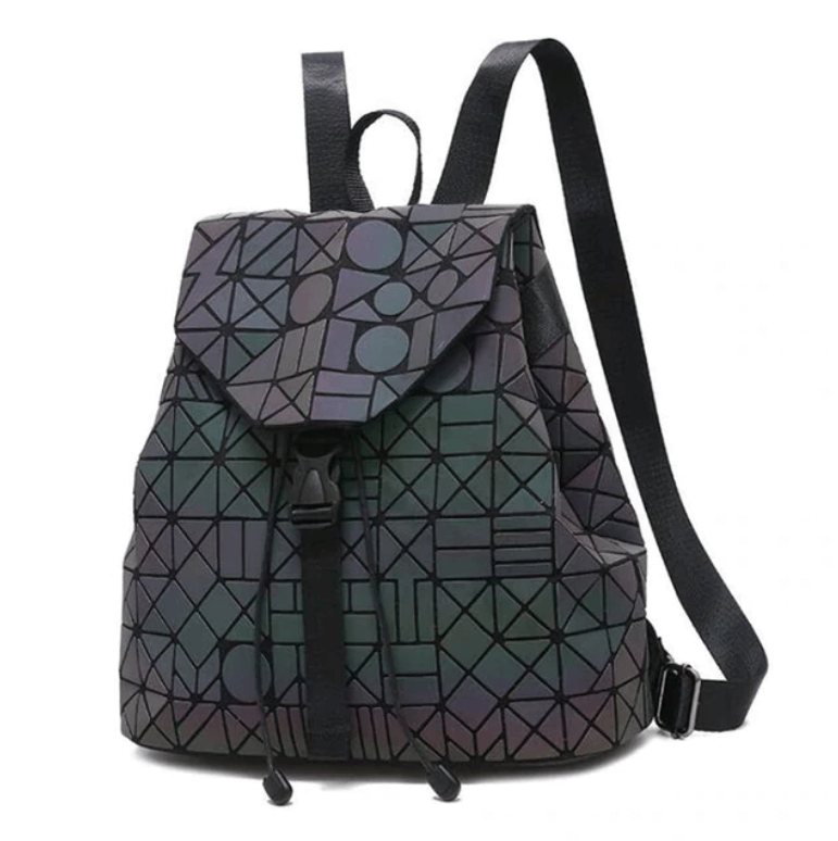 Geometric, reflective, color-changing women's backpack. Luminous faux leather, a unique & stylish fashion bag.