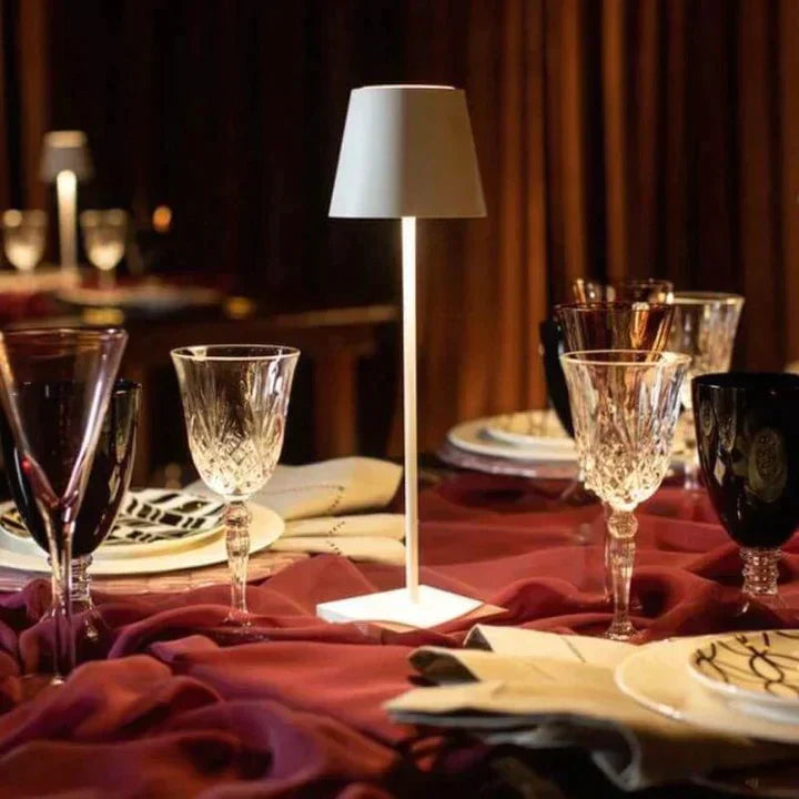 Stylish LumoGlow LED table lamp, wireless, rechargeable, a modern home decor piece.