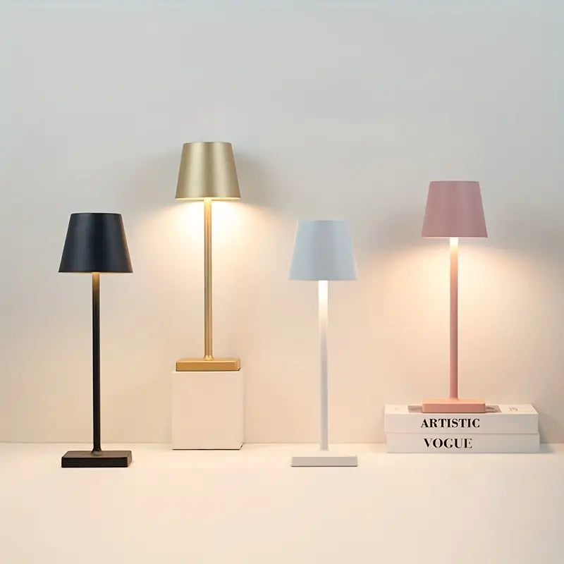 Modern LumoGlow cordless LED table lamp on a nightstand, providing soft, adjustable light.