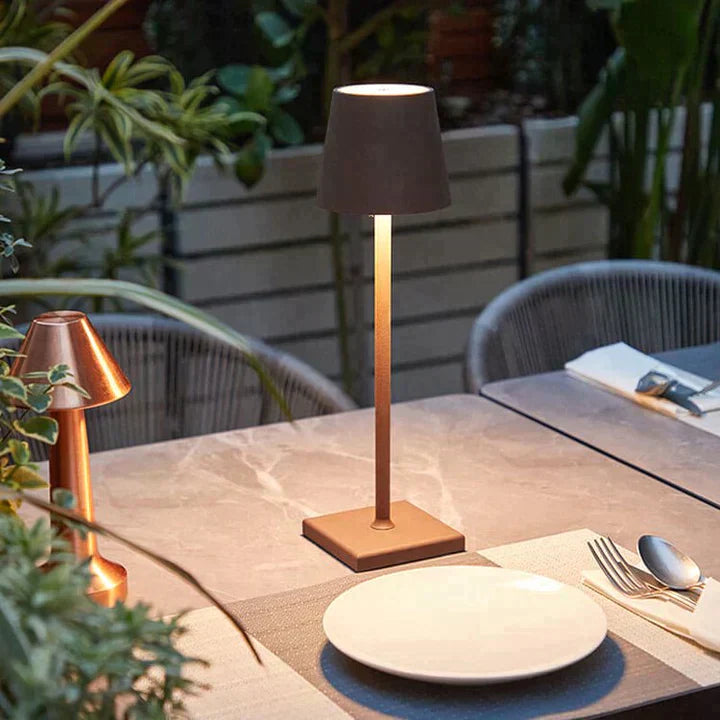 Rechargeable LED table lamp, LumoGlow wireless with touch control for mood lighting.