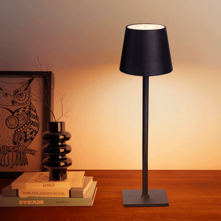 LumoGlow wireless LED table lamp, rechargeable, modern design, portable for any space.