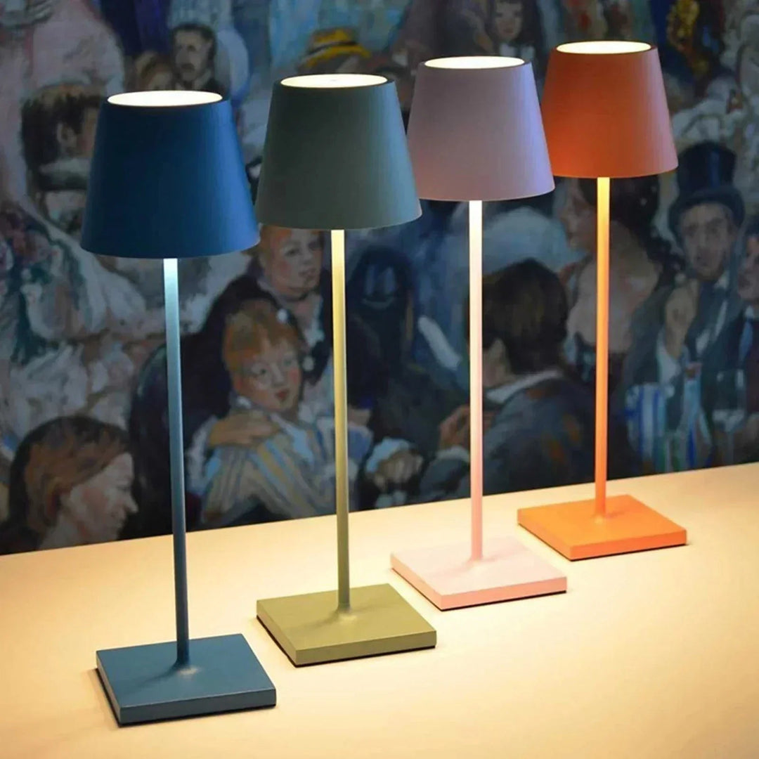 LumoGlow rechargeable LED table lamp on a patio, providing cordless ambient lighting.