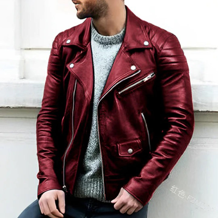 All-season men's biker style jacket, a classic fashion outerwear piece. Versatile for casual wear & trendy streetwear.