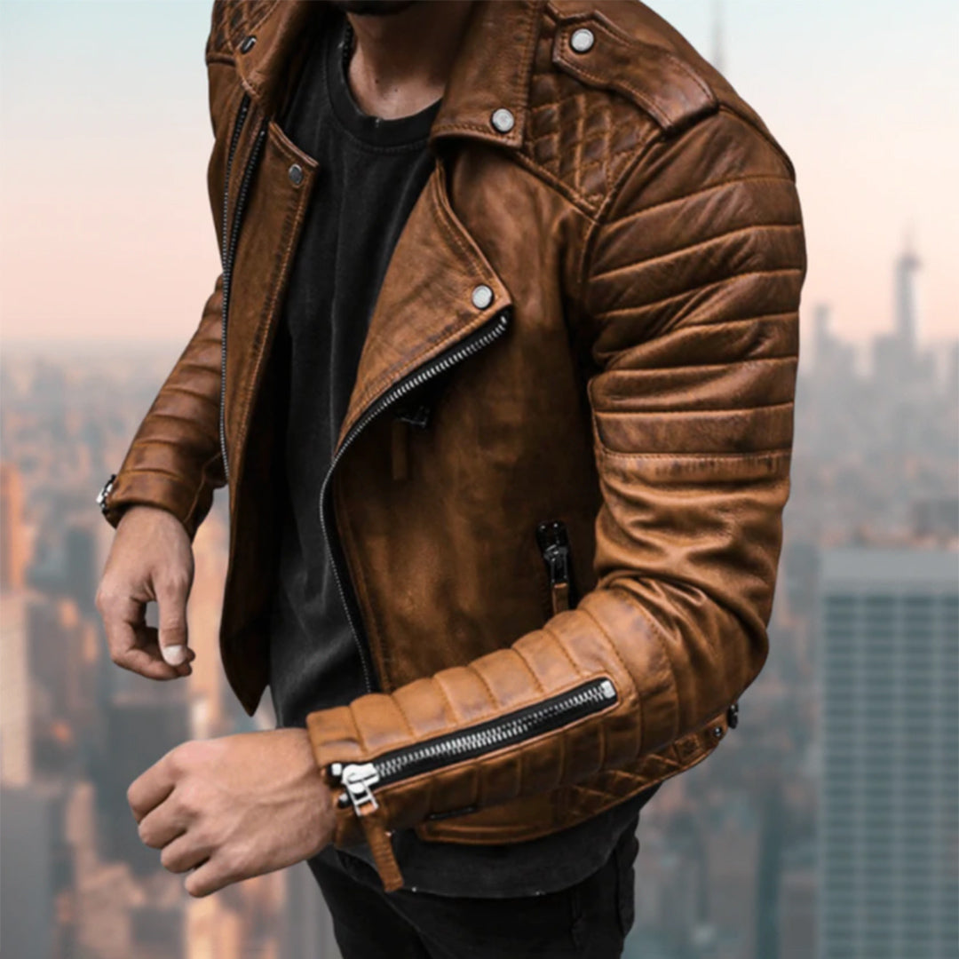 Men's classic biker style jacket in black leather. Durable & fashionable outerwear for a sleek, modern streetwear look.