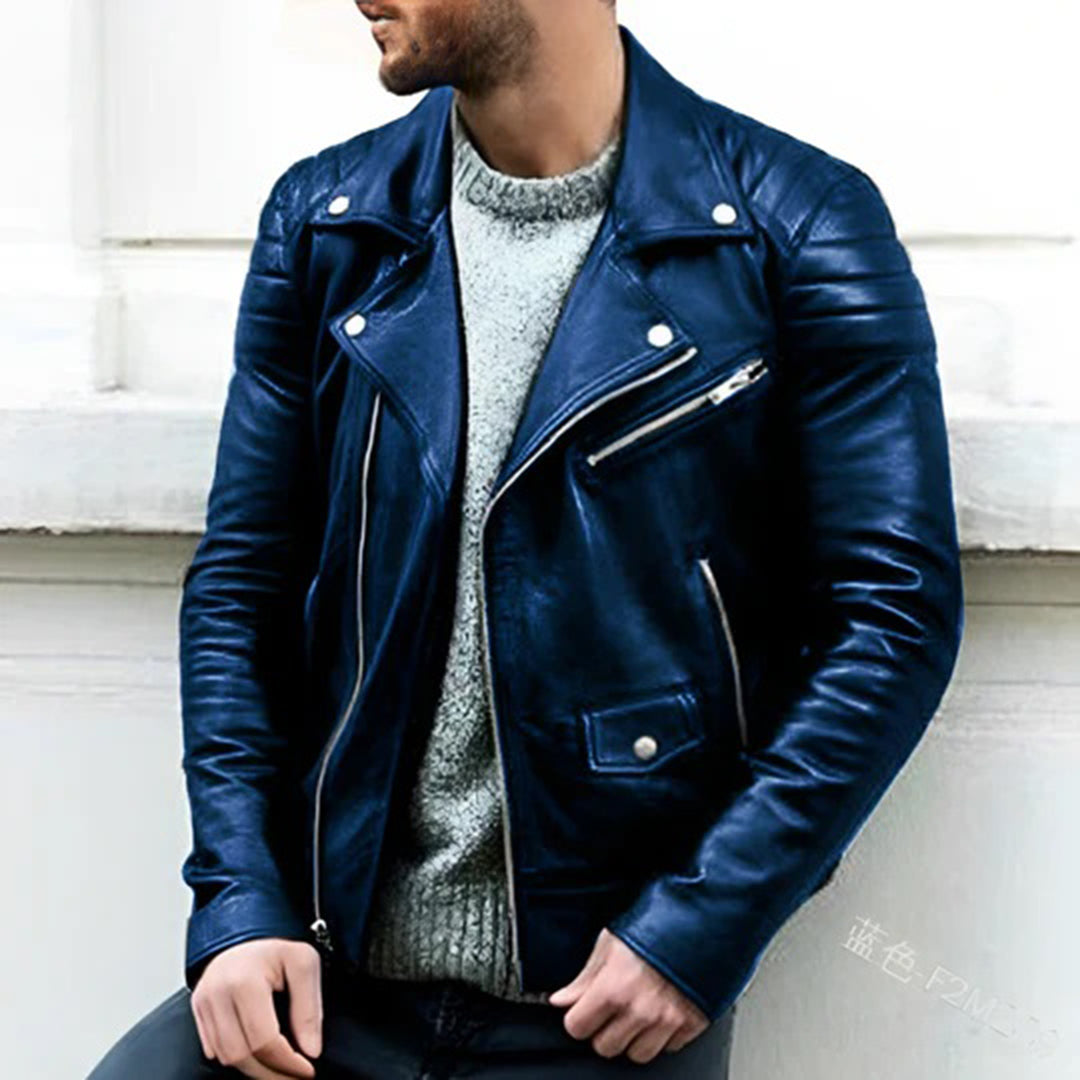 Trendy men's fashion jacket. Stylish biker outerwear, ideal for casual wear & versatile all-season layering. Classic look.