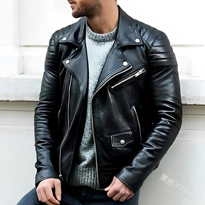 Classic black men's biker jacket in durable leather. Perfect outerwear for a timeless, edgy look. Versatile streetwear.