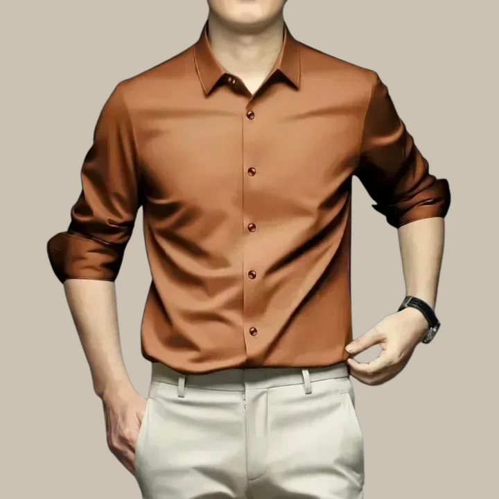 Luxurious men's casual button-up shirt, long sleeve, elegant & versatile for modern men.
