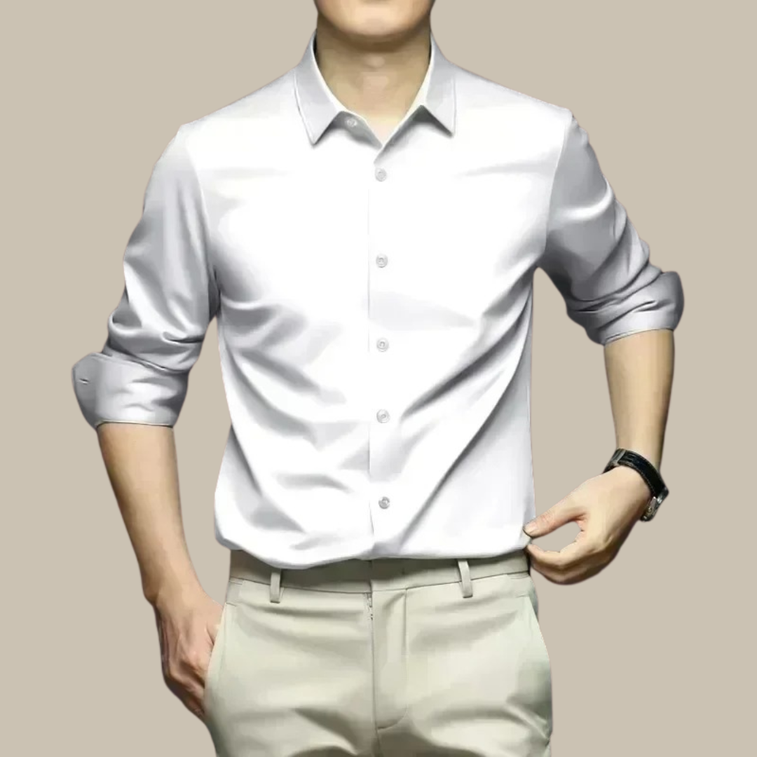 Modern men's elegant long sleeve button-up shirt, showcasing luxurious casual fashion detail.