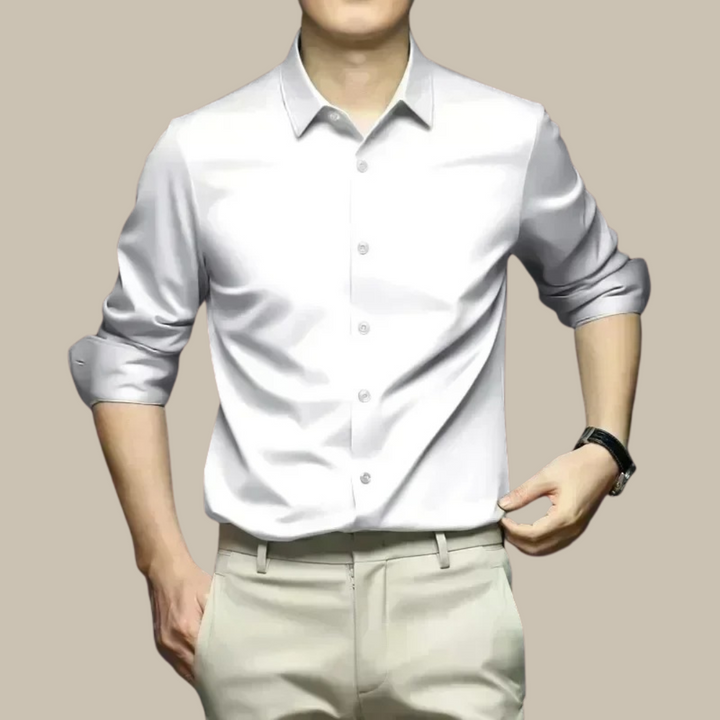 Modern men's elegant long sleeve button-up shirt, showcasing luxurious casual fashion detail.