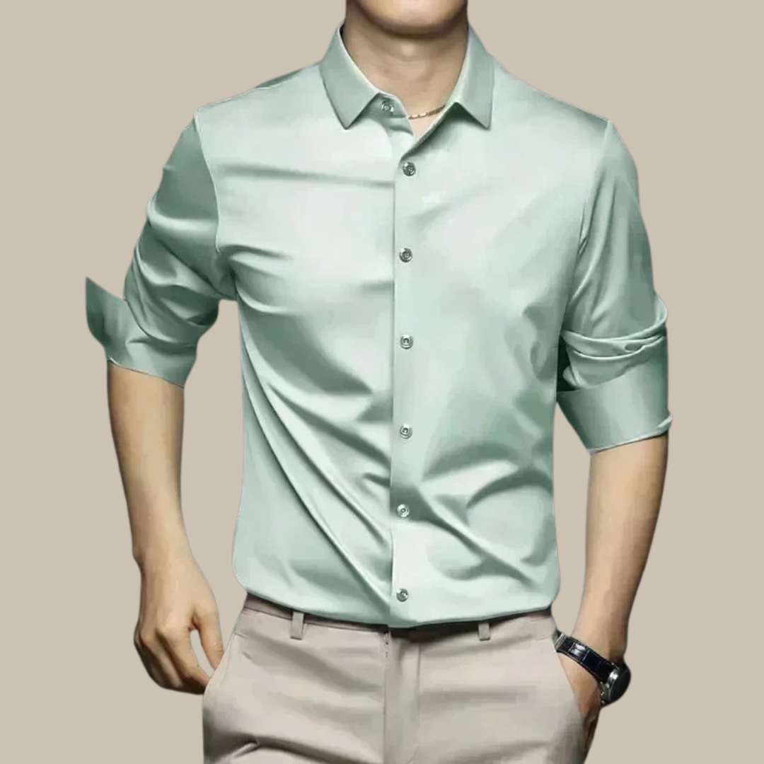 Modern men's smart casual button-up shirt, long sleeve, sophisticated for office or leisure.