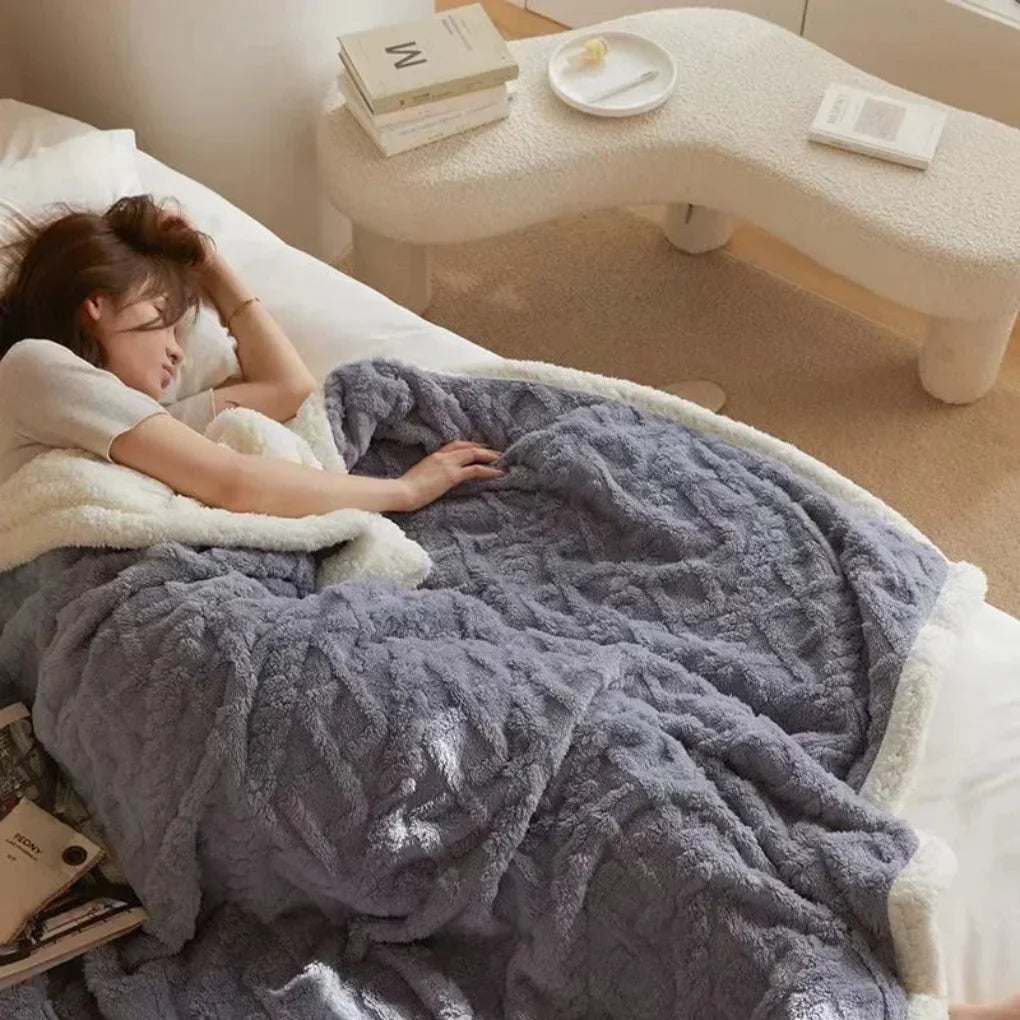 Thick, insulating plush blanket in a rich color, providing ultimate warmth and softness for winter bedding.